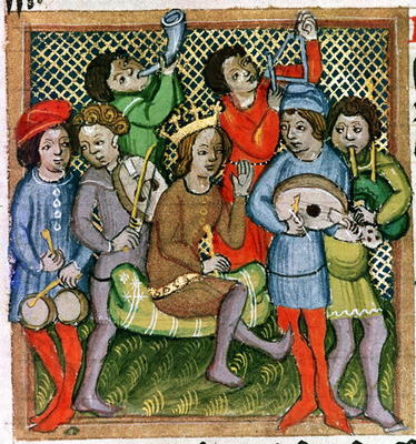 Seated crowned figure surrounded by musicians playing the lute, bagpipes, triangle, horn, viola and von 
