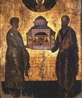 St. Peter and St. Paul presenting God with a Temple, icon, Veneto-Cretan school, 15th century (tempe 18th
