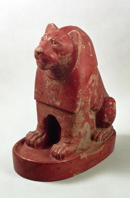 Statuette of a Lion seated on a plinth, from the temple precinct at Hierakonpolis, Egyptian, late Pr von 
