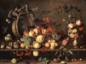 Stillleben mit Früchten, Blumen und Papageien 1620