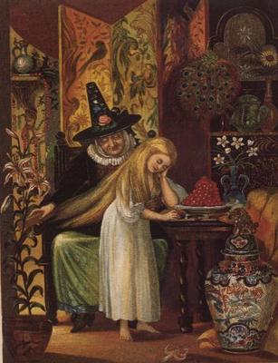 The Old Witch combing Gerda's hair with a golden comb to cause her to forget her friend, in The Snow von 