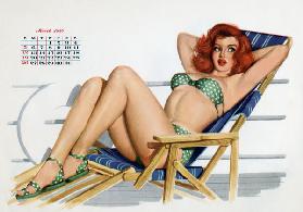 Pin up in bikini on a deckchair on a boat, tanning, from Esquire Girl calendar 1950