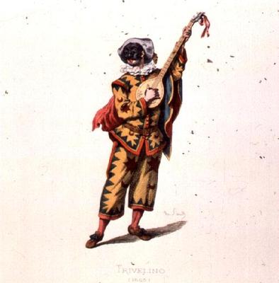 Trivelino, Character from the Commedia dell'Arte, by Sand, 19th century (coloured engraving) (see al von 