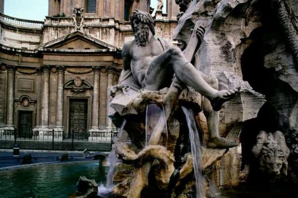 View of the Four Rivers Fountain by Gian Lorenzo Bernini (1598-1680) and the Facade of Saint Agnes i von 