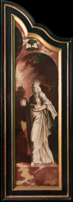 Triptychon mit der Kreuzigung Christi, Heiligen und Stifterfamilie. Rechter Außenflügel: Heilige Eli von Nordniederländischer Meister um 1530
