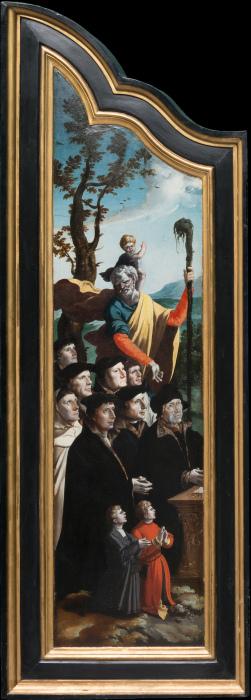 Triptychon mit der Kreuzigung Christi, Heiligen und Stifterfamilie. Linker Innenflügel: Stifter mit 