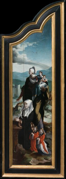 Triptychon mit der Kreuzigung Christi, Heiligen und Stifterfamilie. Rechter Innenflügel: Stifterin m