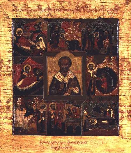 Russian icon of scenes from the life of St. Nicholas von Northern school