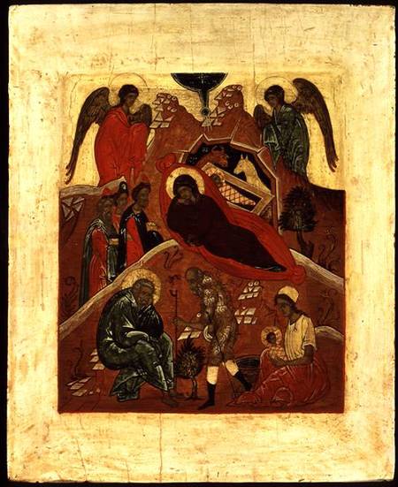 Icon of the Nativity, the Adoration of the Magi and the Temptation of St. Joseph von Novgorod School