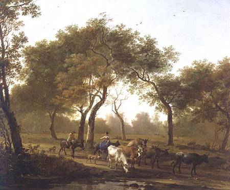Two peasants with a herd of cattle on a wooded path leading to a lake von N.P. Both