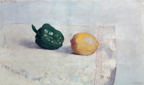 Pepper and Lemon on a White Tablecloth von Odilon Redon
