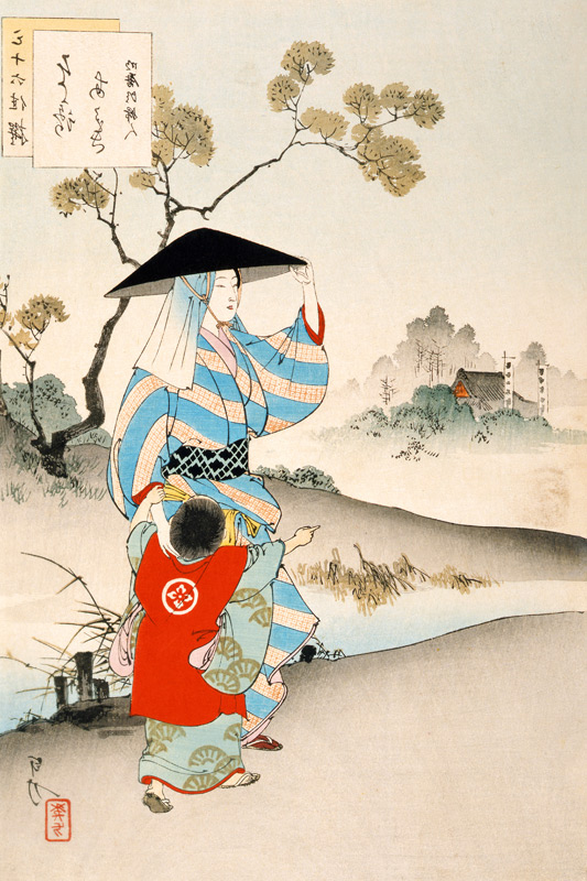 Woman and child (colour print) von Ogata Gekko