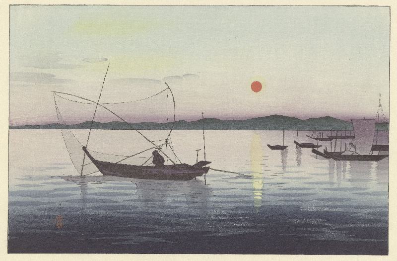 Boote bei untergehender Sonne von Ohara Koson