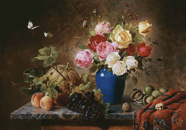 Rosenstrauß, Pfirsiche, Walnüsse und Weintrauben auf einer Marmorplatte von Olaf August Hermansen