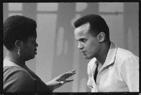 Harry Belafonte with Odetta on set of tv special 1959