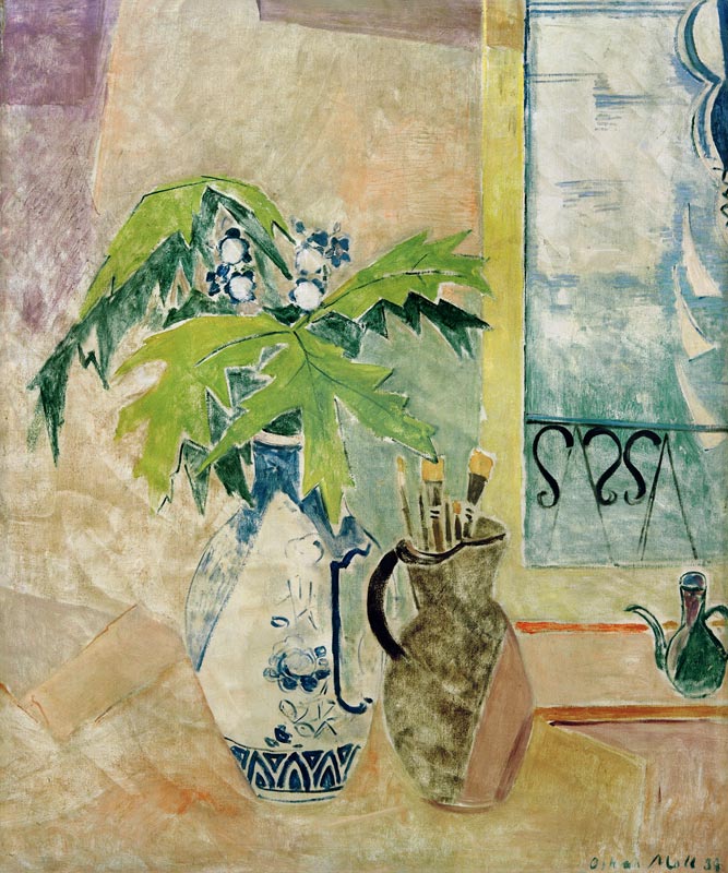 Vase mit Zweigen und Krug mit Pinseln von Oskar Moll