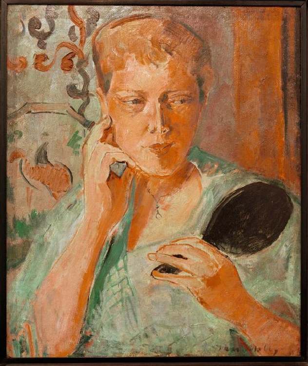 Porträt Margarethe mit schwarzem Handspiegel von Oskar Moll