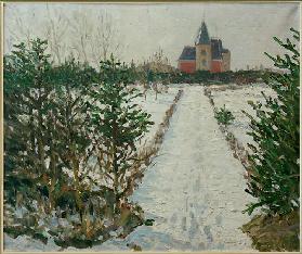 Schneelandschaft mit Schloß / Kirche 1905