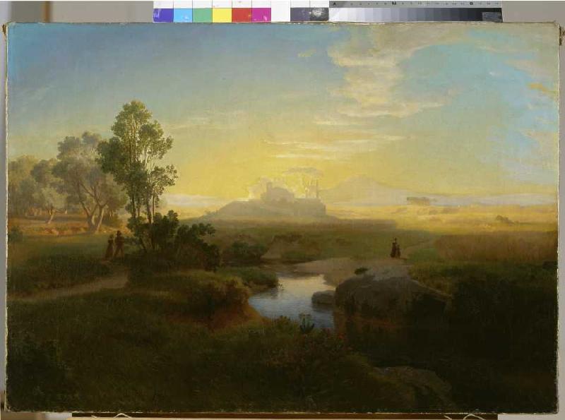 Abendliche Landschaft mit einem im Gegenlicht liegenden Felsmassiv von Oswald Achenbach