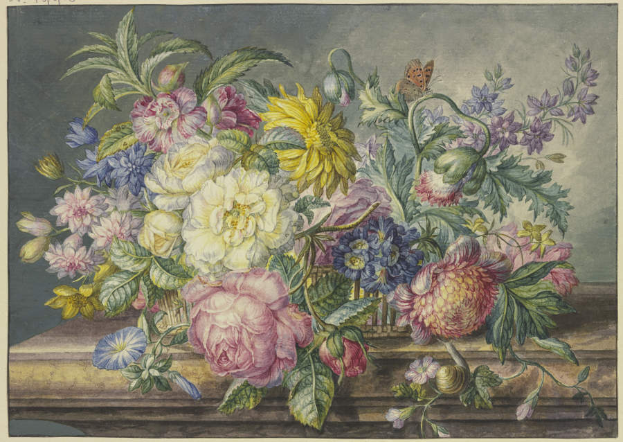 Blumenstrauß in einem Korb, dabei eine Schnecke und ein Schmetterling von Oswald Wijnen