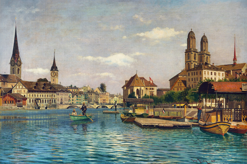 Zürich mit dem Limmat mit Blick auf die Fraumünsterkirche, St.Peter, das Helmhaus und Großmünster von Otto Pilny