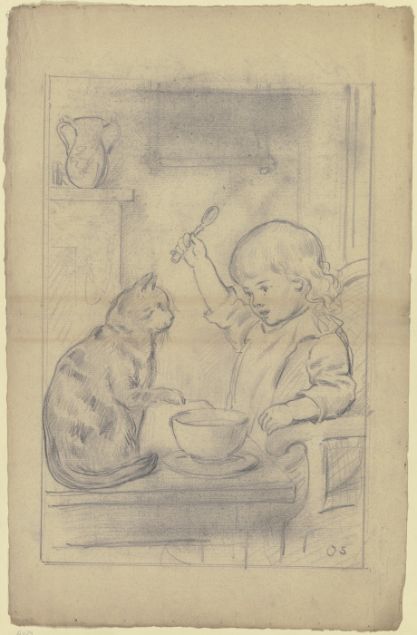 Kind am Esstisch mit Katze von Otto Scholderer