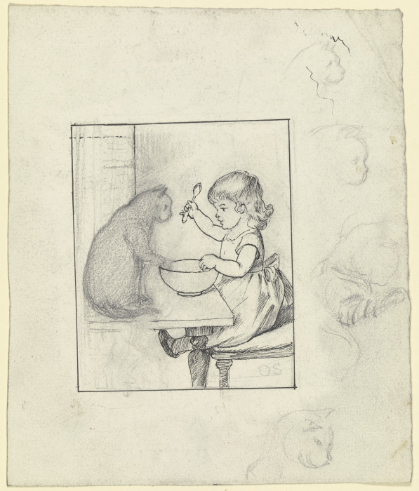 Kind am Esstisch mit Katze, rechts vier Skizzen eines Katzenkopfes im Profil von Otto Scholderer