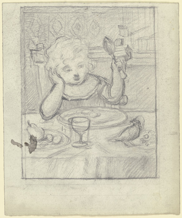 Kind am Tische mit Löffel und Vogel von Otto Scholderer