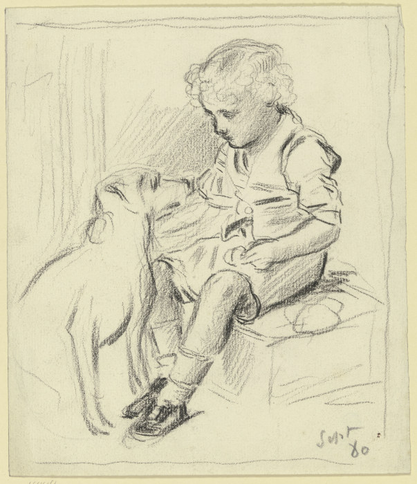 Sitzender Knabe mit sitzendem Hund von Otto Scholderer