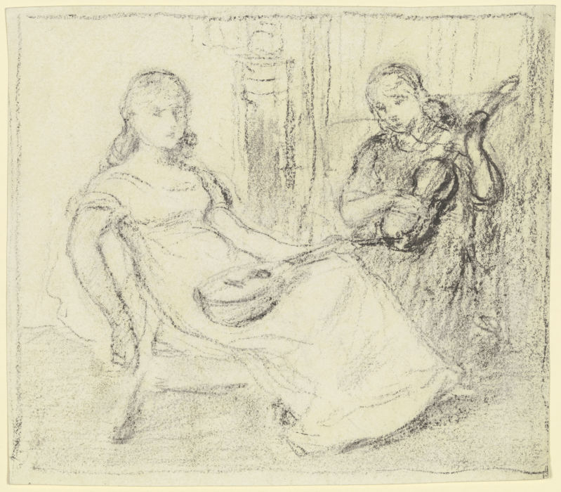 Zwei Mädchen mit Streich- und Zupfinstrumenten von Otto Scholderer