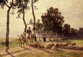 Schafhirte mit Herde beim Schwatz mit einem berittenen Bauern von Otto Strützel