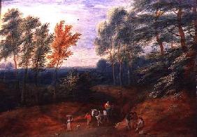 A Wooded Landscape with Travellers in a Haycart