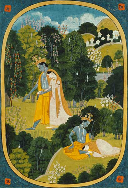 Radha and Krishna walking in a grove, Kangra, Himachal Pradesh, Pahari School, 1820-25 von Pahari School