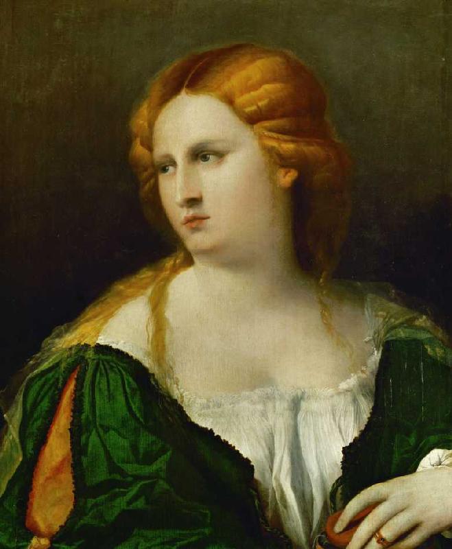 Junge Frau in grünem Kleid mit einer Schachtel in der Hand von Palma il Vecchio (eigentl. Jacopo Negretti)