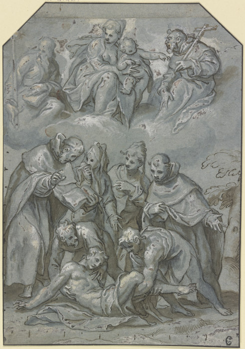 Bergung eines Jünglings in Anwesenheit von zwei Mönchen und zwei Frauen, darüber in Wolken die Madon von Paolo Farinati