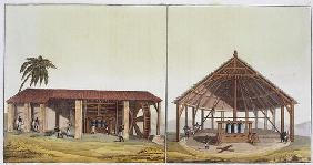 Slaves at work in the sugarmills, Antilles (colour engraving) 19th
