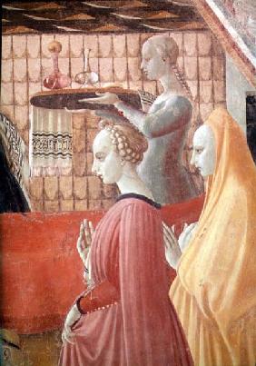 Birth of the Virgin, detail of a servant and two attendants 1440