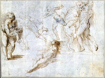 Figure Studies: Woman Holding a Baby; Man Pursued by Another; Nude Woman Lying on Ground; Hercules a von Parmigianino