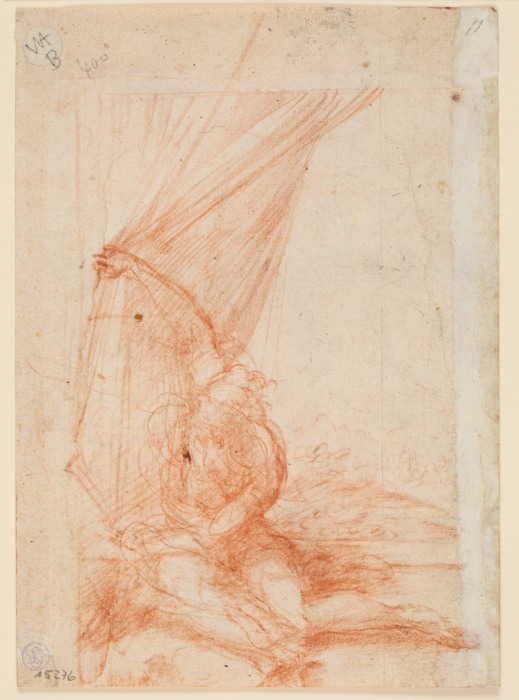 Sitzende Gestalt, die einen Vorhang beiseite schiebt von Parmigianino