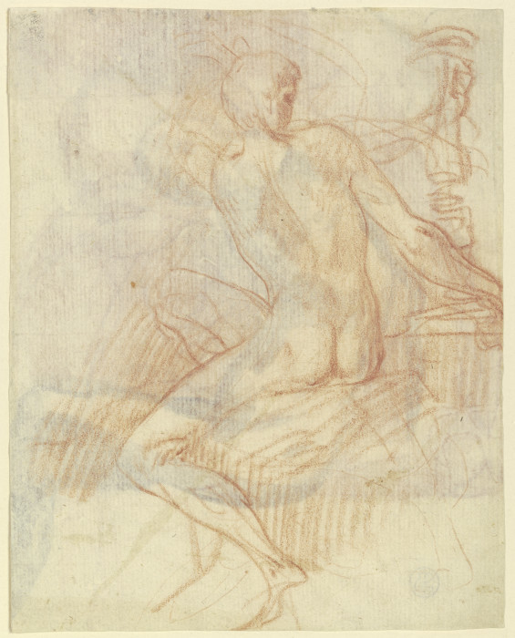 Sitzender männlicher Akt nach links, zurückgewandt einen hinter ihm stehenden Kandelaber haltend von Parmigianino