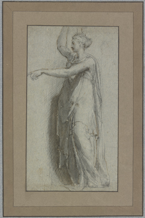 Stehende weibliche Gewandfigur nach links, die rechte Hand zu einem auf dem Kopfe getragenen Gefäße  von Parmigianino