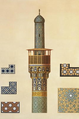 A Minaret and Ceramic Details from the Mosque of the Medrese-i-Shah-Hussein, Isfahan, plate 24-25 fr von Pascal Xavier Coste