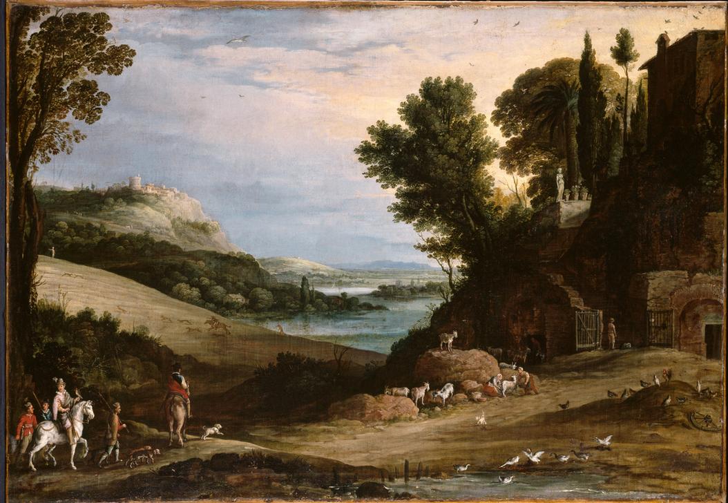 An italianate landscape with a hawking party approaching a villa, other huntsmen and a hilltop town  von Paul Bril