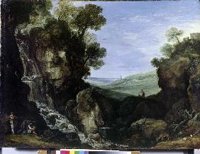 Landschaft mit Wasserfall und dem Vestatempel von Tivoli 1626