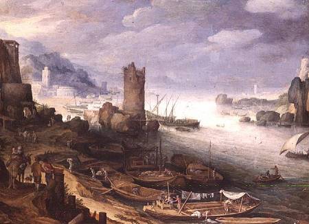 River Scene with a Ruined Tower von Paul Brill or Bril