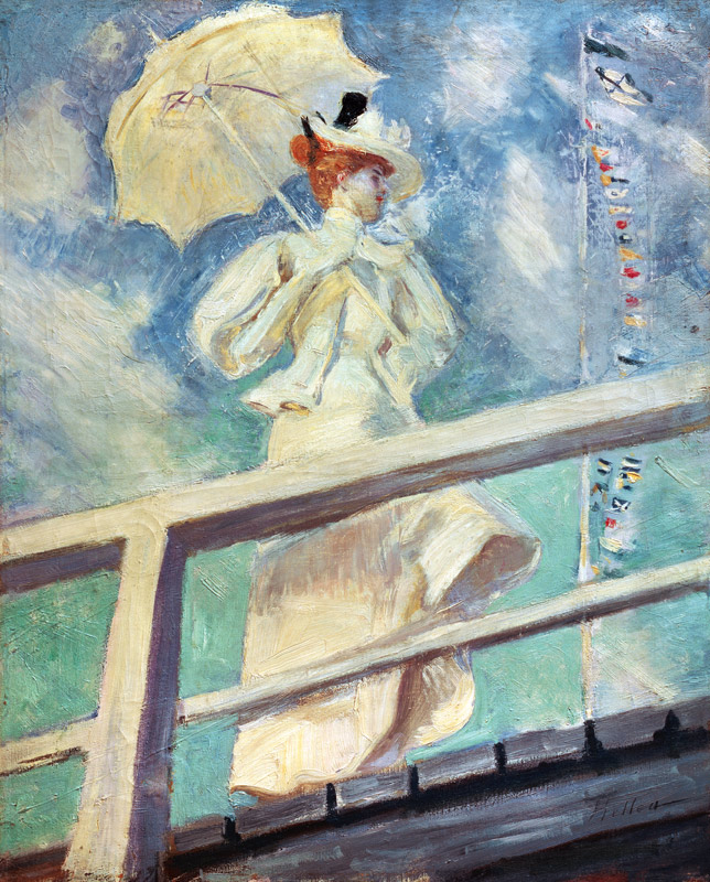 Frau in weißem Kleid mit Sonnenschirm von Paul César François Helleu