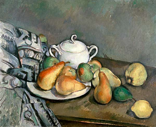 Zuckerdose,  Äpfel u.Tuch von Paul Cézanne