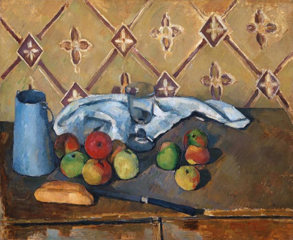Früchte, Serviette und Milchkanne von Paul Cézanne