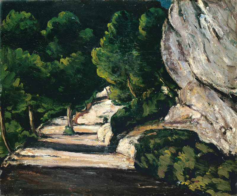 Landschaft. Straße mit Bäumen im Felsgebirge von Paul Cézanne