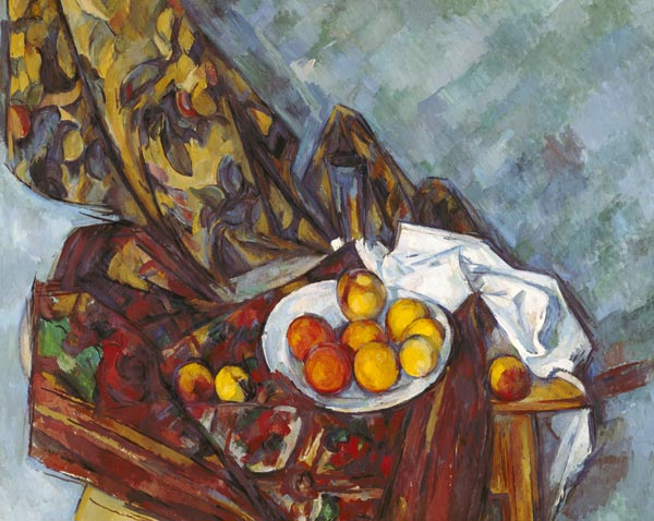 Stillleben mit geblümtem Vorhang und Obstschale von Paul Cézanne